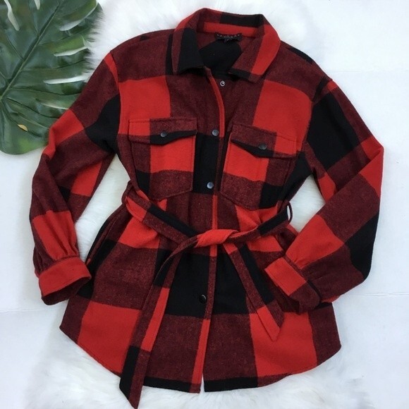 Laundry by Shelli Segal Buffalo Plaid Belted Flannel Shacket Red & Black M